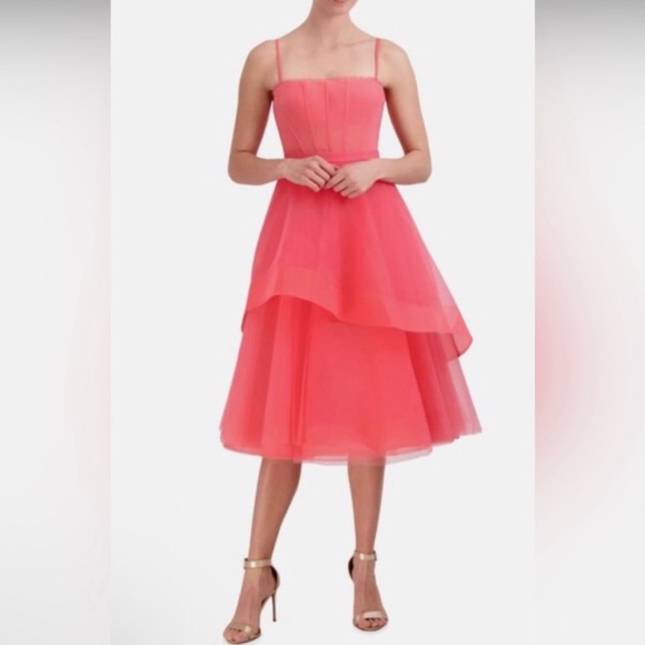 BCBGMAXAZRIA Corset Tiered Tulle Dress Size 14 Sunkissed Midi bcbg mw05d08-skd